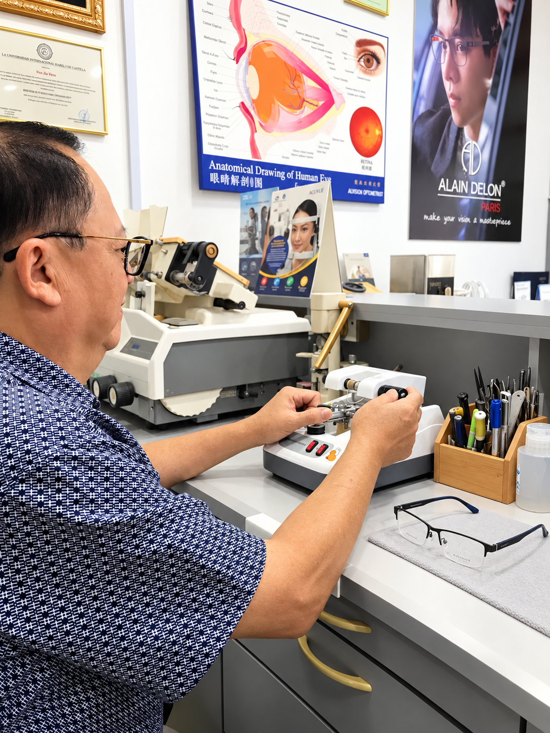 Optician performing lens fittings